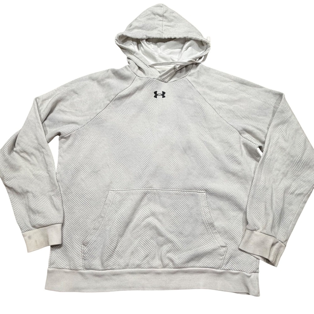 Under Armour Mens Gray‎ White Striped Pullover Hoodie Sweatshirt Size Medium